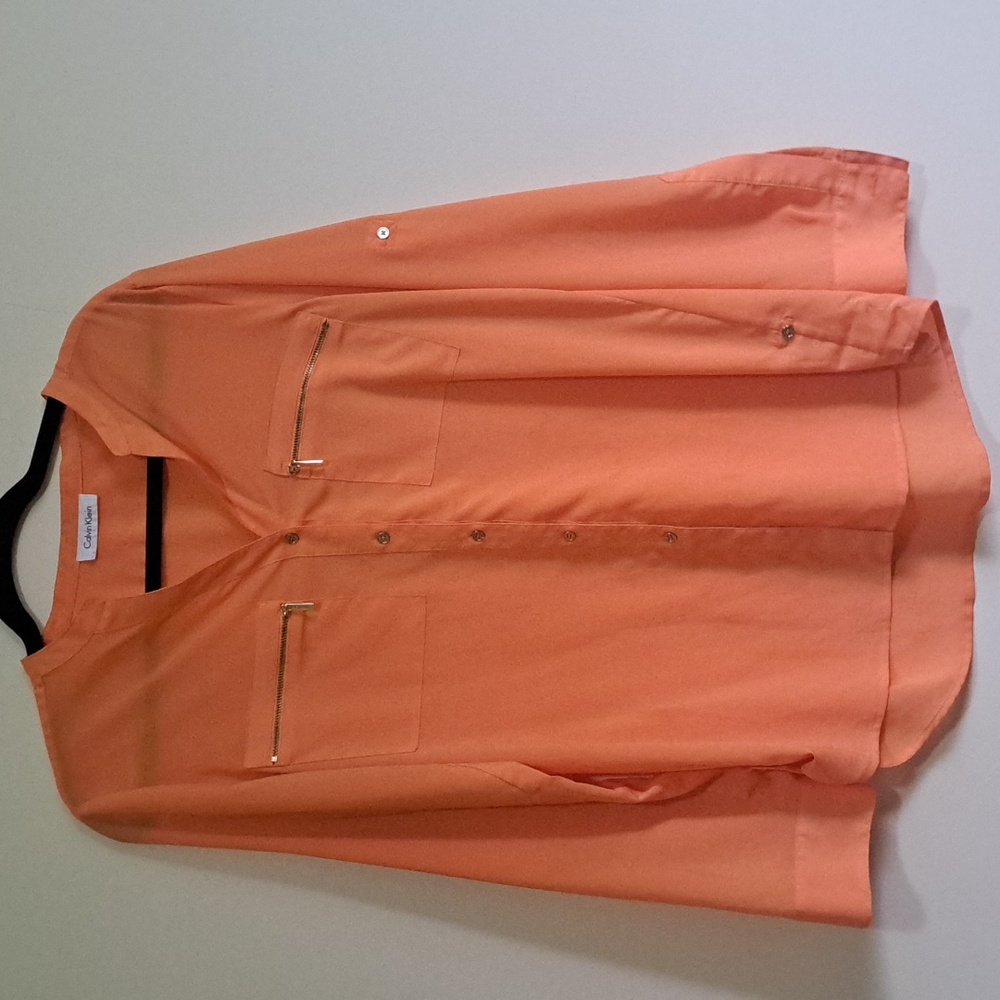 🪔Size L Calvin Klein Orange long sleeve blouse Gold Engraved CK buttons classic